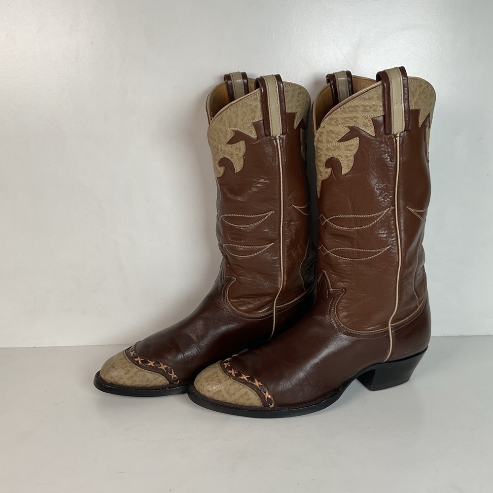 Vintage 60s Tony Lama Wingtip Cowboy Boots 9 D Gold Label Recraft
